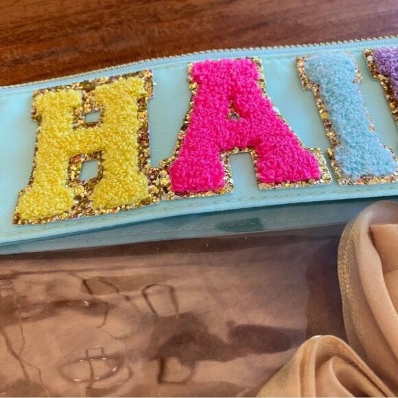 Clear Travel Pouch with Fuzzy Patch Letters 'HAIR' Teal Green - Bag Only - Picture 9 of 11